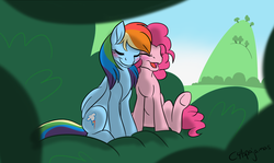 Size: 1850x1100 | Tagged: safe, artist:calicopikachu, pinkie pie, rainbow dash, g4, female, lesbian, ship:pinkiedash, shipping