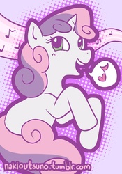 Size: 420x600 | Tagged: safe, artist:nakioutsuno, sweetie belle, pony, unicorn, g4, abstract background, eyes open, female, filly, mare, music notes, solo