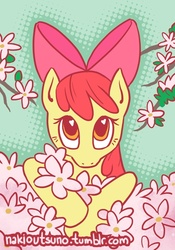 Size: 420x600 | Tagged: safe, artist:nakioutsuno, apple bloom, earth pony, pony, g4, bow, eyes open, flower, looking up, solo