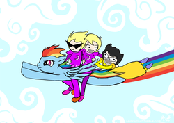 Size: 1000x707 | Tagged: safe, artist:launchycat, rainbow dash, human, pegasus, pony, g4, crossover, dirk strider, dreamself, female, flying, group, homestuck, jane crocker, male, mare, quartet, roxy lalonde, sunglasses