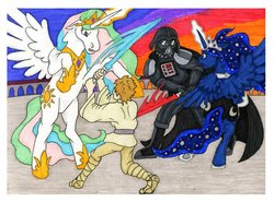 Size: 900x666 | Tagged: safe, artist:allison-beriyani, princess celestia, princess luna, human, pony, g4, boba fett vs ponies, comic, darth vader, luke skywalker, star wars