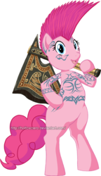 Size: 469x816 | Tagged: safe, artist:hollowzero, pinkie pie, earth pony, pony, g4, axe, bipedal, commission, crossover, ponified, simple background, slayer, solo, tattoo, transparent background, warhammer (game), warhammer fantasy