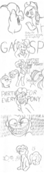 Size: 600x2344 | Tagged: safe, artist:lordfunkyfist, applejack, pinkie pie, twilight sparkle, g4, crackdown, egoraptor, monochrome