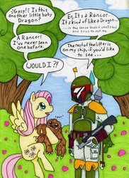 Size: 900x1235 | Tagged: safe, artist:allison-beriyani, fluttershy, human, pony, rancor, g4, boba fett, boba fett vs ponies, comic, star wars