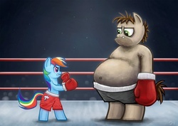 Size: 1500x1064 | Tagged: safe, artist:2snacks, rainbow dash, pony, g4, big scary pony, bipedal, boxing, boxing gloves, boxing ring, clothes, crossover, duo, female, king hippo, ponified, punch-out!!