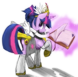 Size: 1000x991 | Tagged: dead source, safe, artist:u-okka, twilight sparkle, pony, g4, armor, book, clothes, costume, female, looking back, magic, solo