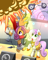 Size: 957x1200 | Tagged: safe, artist:madmax, scootaloo, sweetie belle, g4, bombs, clothes, dress, explosion, headset, knife, kunai, ninja, older, strider, strider hiryu
