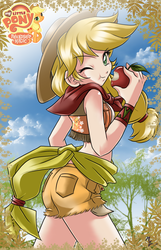 Size: 824x1280 | Tagged: safe, artist:mauroz, applejack, human, g4, apple, ass, butt, clothes, eating, female, food, humanized, midriff, one eye closed, shorts, solo, wink