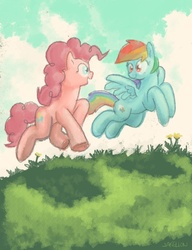 Size: 720x936 | Tagged: safe, artist:docwario, pinkie pie, rainbow dash, earth pony, pegasus, pony, g4, duo, female, flying, grass, happy, jumping, looking at each other, mare, running