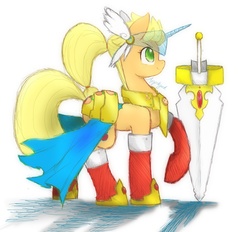 Size: 1000x927 | Tagged: safe, artist:u-okka, applejack, earth pony, pony, g4, armor, clothes, female, solo, sword, warrior, weapon