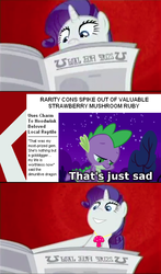 Size: 473x807 | Tagged: safe, artist:ponyflea, edit, edited screencap, screencap, rarity, spike, dragon, pony, unicorn, g4, ponyville confidential, abstract background, comic, female, foal free press, gabby gums, horn, i'll destroy her, mare, meme, newspaper, screencap comic, solo, subverted meme, written equestrian