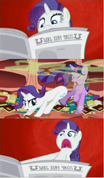 Size: 632x1079 | Tagged: safe, edit, edited screencap, screencap, rarity, twilight sparkle, pony, unicorn, g4, ponyville confidential, book, fart, female, i'll destroy her, mare, newspaper, open mouth, written equestrian