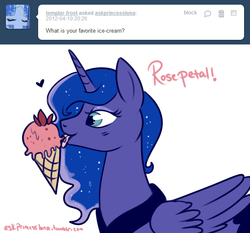 Size: 590x550 | Tagged: safe, artist:lulubell, princess luna, alicorn, pony, ask princess luna, g4, ask, female, ice cream, ice cream cone, simple background, solo, tumblr, white background