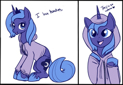 Size: 650x450 | Tagged: source needed, useless source url, safe, artist:lulubell, princess luna, alicorn, pony, g4, ask, askprincessluna, clothes, cute, female, heart, hoodie, looking at you, lunabetes, mare, open mouth, s1 luna, simple background, smiling, solo, tumblr, white background