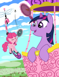 Size: 770x1000 | Tagged: safe, artist:syggie, pinkie pie, twilight sparkle, earth pony, pony, unicorn, g4, badminton, balloon, crossover, duo, eyes closed, female, flying, flying machine, mare, mouth hold, rhythm heaven, rhythm heaven fever, unicorn twilight