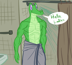 Size: 1100x1000 | Tagged: safe, artist:tess, gummy, alligator, reptile, anthro, g4, abs, anthro pets, bathroom, dialogue, indoors, isaiah mustafa, looking at you, male, muscles, no exceptions, old spice guy, rule 34, sexy, shower, solo, speech bubble, topless, towel