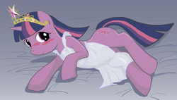 Size: 1027x583 | Tagged: safe, artist:seidouryu, twilight sparkle, pony, unicorn, g4, apron, blushing, clothes, element of magic, female, looking at you, lying down, mare, naked apron, on side, smiling, solo, unicorn twilight