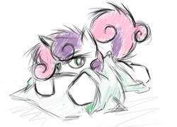 Size: 1040x745 | Tagged: safe, artist:kejifox, sweetie belle, pony, unicorn, g4, bed, bed mane, female, filly, foal, pillow, sketch