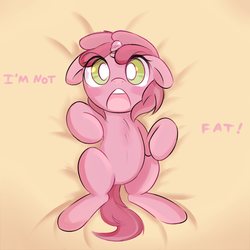 Size: 760x760 | Tagged: safe, artist:haute-claire, ruby pinch, pony, unicorn, ask ruby pinch, g4, bed, bellyrubs, blushing, female, filly, foal, on back, solo