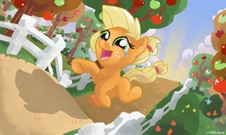 Size: 3500x2100 | Tagged: safe, artist:docwario, applejack, earth pony, pony, g4, apple, crying, female, fence, filly, high res, running, solo, younger