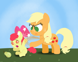 Size: 2500x2000 | Tagged: safe, artist:dtcx97, apple bloom, applejack, earth pony, pony, g4, abuse, applebuse, baby, baby apple bloom, baby pony, blank flank, bow, bully, bullying, dishonorapple, disowned, disproportionate retribution, female, filly, filly applejack, foal, hair bow, harsher in hindsight, high res, hilarious in hindsight, hooves, lineless, no catchlights, no pupils, open mouth, out of character, pear, pearlarious in hindsight, sitting, standing, that pony sure does hate pears, younger