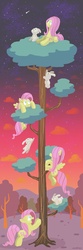 Size: 700x2100 | Tagged: safe, artist:docwario, angel bunny, fluttershy, pegasus, pony, g4, duo, female, mare, night, pet, sitting, sitting in a tree, stars, tree