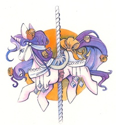 Size: 931x1000 | Tagged: safe, artist:mittymandi, rarity, pony, g4, bit, bit gag, bondage, carousel, carousel bondage, female, gag, saddle, solo