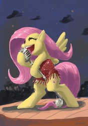 Size: 1050x1496 | Tagged: safe, artist:docwario, fluttershy, pegasus, pony, g4, clothes, dress, eyes closed, female, jazz, mare, singing, solo focus