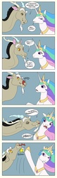 Size: 750x2322 | Tagged: safe, artist:dissonus, discord, princess celestia, alicorn, draconequus, pony, g4, comic, duo male and female, female, kiss denied, kissing, male, ship:dislestia, shipping, speech bubble, straight, tongue out, ugh