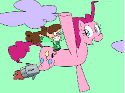 Size: 480x360 | Tagged: dead source, safe, artist:tess, pinkie pie, g4, animated, crossover, gif, gravity falls, humans riding ponies, mabel pines, male, riding