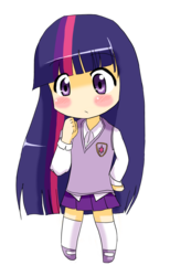 Size: 796x1296 | Tagged: safe, artist:applestems, twilight sparkle, human, g4, blushing, chibi, clothes, female, humanized, simple background, skirt, solo, transparent background