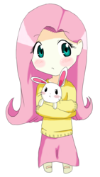 Size: 705x1252 | Tagged: safe, artist:applestems, angel bunny, fluttershy, human, rabbit, g4, animal, chibi, clothes, cute, female, humanized, simple background, skirt, sweatershy, transparent background