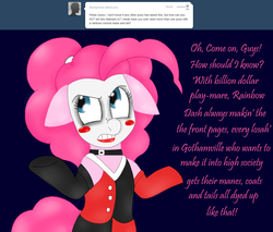 Size: 1199x1020 | Tagged: safe, artist:blackbewhite2k7, pinkie pie, ask the gothamville sirens, g4, arkham city, ask, batman, crossover, harley quinn, parody, shrug