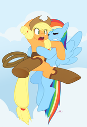 Size: 800x1165 | Tagged: safe, artist:phaux, applejack, rainbow dash, g4, carrying, chaps, female, flying, lesbian, rope, ship:appledash, shipping