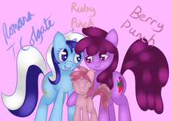 Size: 2116x1500 | Tagged: safe, artist:goldenmercurydragon, berry punch, berryshine, minuette, ruby pinch, earth pony, pony, unicorn, g4, eyes closed, family, female, lesbian, magical lesbian spawn, offspring, parent:berry punch, parent:minuette, parents:berrygate, romana, ship:berrygate, shipping, trio