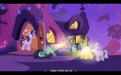 Size: 1024x640 | Tagged: safe, screencap, rainbow dash, twilight sparkle, pegasus, pony, unicorn, g4, read it and weep, female, golden oaks library, letterboxing, multiple characters, night, outdoors, sneaking suit, unicorn twilight, youtube caption
