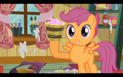 Size: 1024x640 | Tagged: safe, screencap, scootaloo, pony, g4, hearts and hooves day (episode), bucket, female, glitter, hearts and hooves day, solo, youtube caption