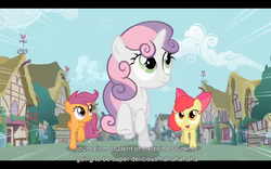 Size: 1024x640 | Tagged: safe, screencap, apple bloom, scootaloo, sweetie belle, earth pony, pegasus, unicorn, g4, hearts and hooves day (episode), cutie mark crusaders, female, filly, foal, hearts and hooves day, horn, ponyville, youtube caption
