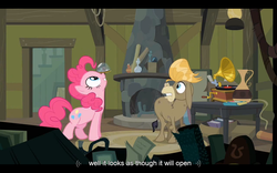 Size: 1024x640 | Tagged: safe, screencap, cranky doodle donkey, pinkie pie, donkey, earth pony, pony, a friend in deed, g4, snow globe, youtube caption