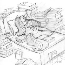 Size: 1278x1280 | Tagged: safe, artist:zajice, twilight sparkle, pony, unicorn, g4, bed, book, butt, female, lying down, mare, monochrome, on bed, on side, plot, reading, sketch, solo, traditional art, twibutt, underhoof, unicorn twilight