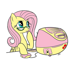 Size: 643x556 | Tagged: safe, artist:sorcerushorserus, artist:tommymocacci, fluttershy, pegasus, pony, g4, apple (company), colored, computer, computer mouse, female, flutter thought, food, glasses, imac, imac g3, keyboard, looking up, macintosh (computer), mare, pondering, raised hoof, simple background, solo, white background
