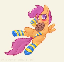 Size: 800x769 | Tagged: safe, artist:fapony, scootaloo, pegasus, pony, g4, blushing, clothes, cookie, cute, female, mare, socks, solo, striped socks