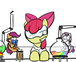 Size: 850x698 | Tagged: safe, artist:autonomous-zed, apple bloom, scootaloo, sweetie belle, g4, cutie mark crusaders, goggles, laboratory, science