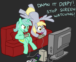 Size: 811x667 | Tagged: safe, artist:paper-pony, derpy hooves, lyra heartstrings, pegasus, pony, unicorn, g4, controller, couch, duo, game console, gaming, playing, sitting, television, video game