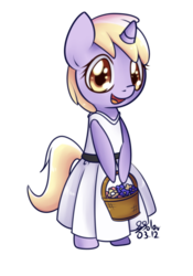 Size: 700x1000 | Tagged: safe, artist:solar-slash, dinky hooves, pony, unicorn, semi-anthro, g4, basket, bipedal, clothes, cute, dinkabetes, dress, female, filly, flower, flower filly, foal, solo, wedding dress