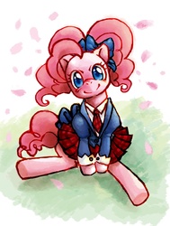 Size: 945x1252 | Tagged: safe, artist:hobilo, pinkie pie, earth pony, pony, g4, clothes, cuffs (clothes), female, hair bow, necktie, pixiv, schoolgirl, solo