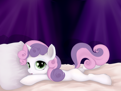 Size: 2000x1500 | Tagged: safe, artist:rainbow, sweetie belle, pony, unicorn, g4, bed, female, filly, fluffy, lying down, pillow, prone, solo