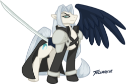 Size: 1000x671 | Tagged: safe, artist:dembai, pegasus, pony, clothes, final fantasy, ponified, sephiroth, simple background, solo, sword, transparent background, weapon