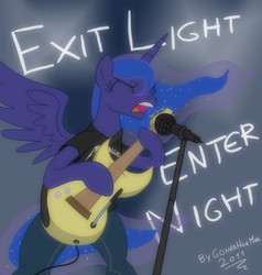 Size: 819x862 | Tagged: safe, artist:gonzahermeg, princess luna, alicorn, pony, g4, bipedal, electric guitar, enter sandman, eyes closed, female, guitar, heavy metal, metal, metal as fuck, metallica, microphone, musical instrument, open mouth, singing, solo, spread wings