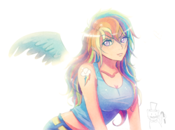 Size: 740x549 | Tagged: safe, artist:songoftheshoebox, rainbow dash, human, g4, breasts, busty rainbow dash, female, humanized, solo, winged humanization